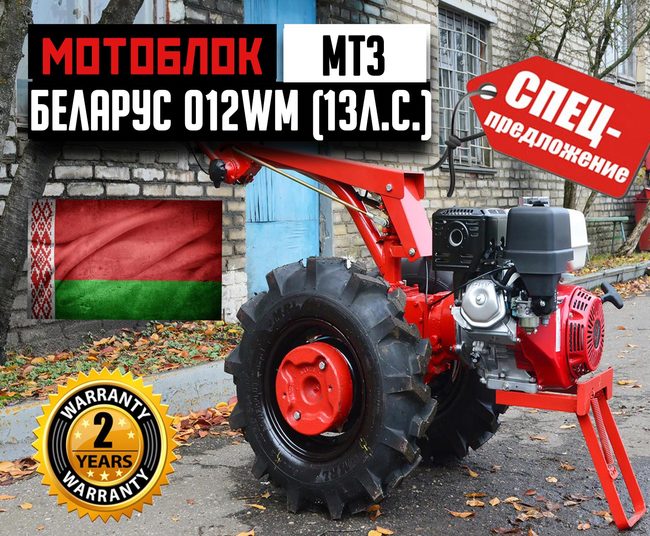 Мотоблок Беларус-012WM (двигатель бензин. Wiema, 13 л.с., шины 6L-12, БОНУСЫ сцепка, грузы)- фото